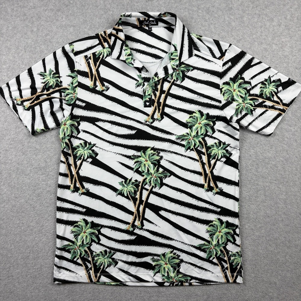 Bad Birdie Polo Shirt Men Medium Zebra Stripe Palm Tree Golf Performance Stretch